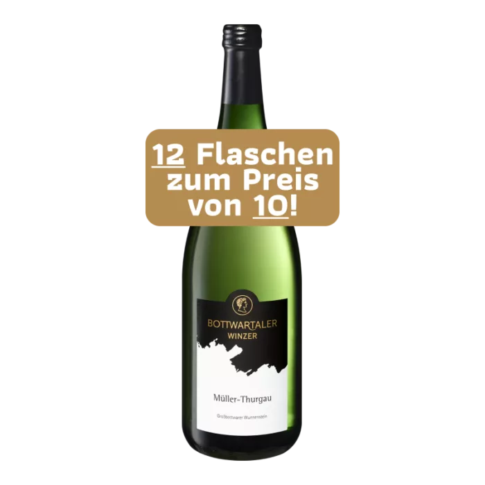 2022er Müller-Thurgau Großbottwarer Wunnenstein QbA halbtrocken: Bezahle 10 Flaschen, erhalte 12 Flaschen!